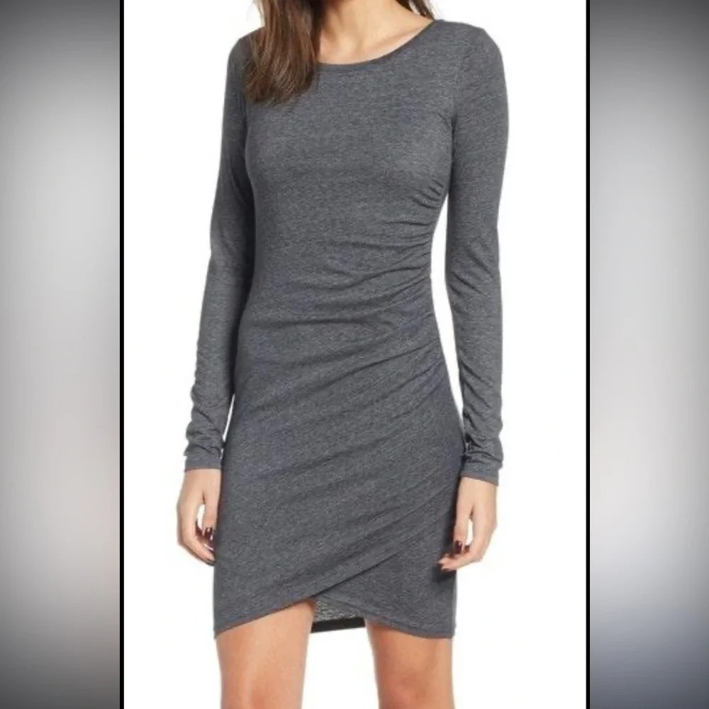 Leith Long Sleeve Ruched Bodycon Dress – Gray, XS, Flattering Stretch Fit